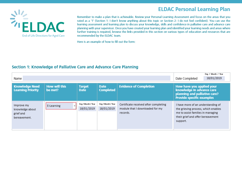 Screenshot of the ELDAC Personal Learning Plan