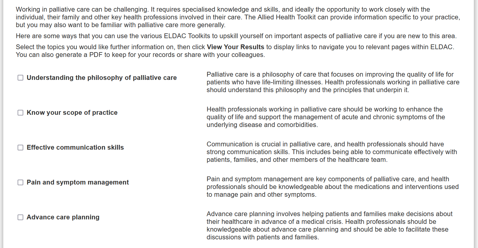 Personal knowledge map for clinicians new to palliative care